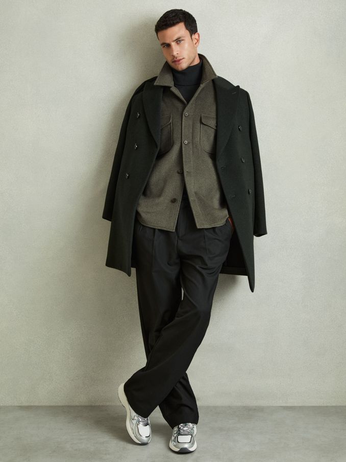 Wool-Blend Melton Overshirt in Green Smoke (E64903) | US$174