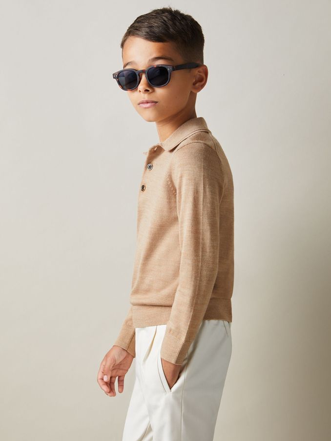 9-14 yrs Merino Wool Polo Shirt in Camel Melange (E65573) | US$60