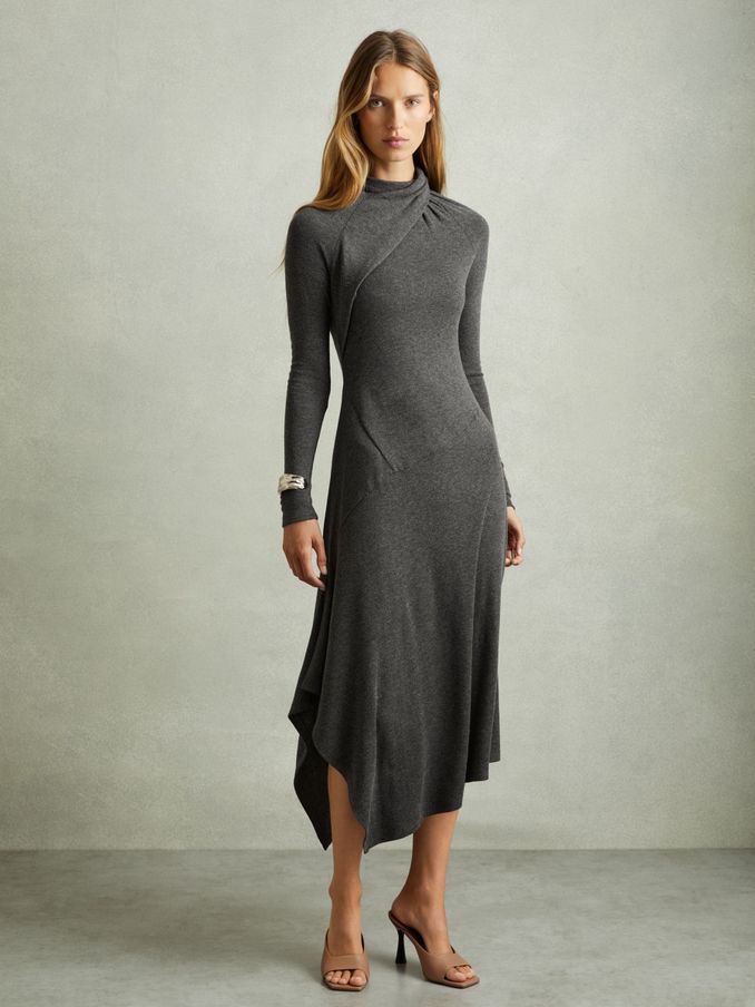 Jersey Drape Asymmetric Midi Dress in Grey (E67055) | $117