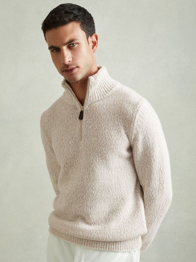 Marled Cotton and Wool Funnel-Neck Jumper in Oatmeal/White (E67141) | US$143