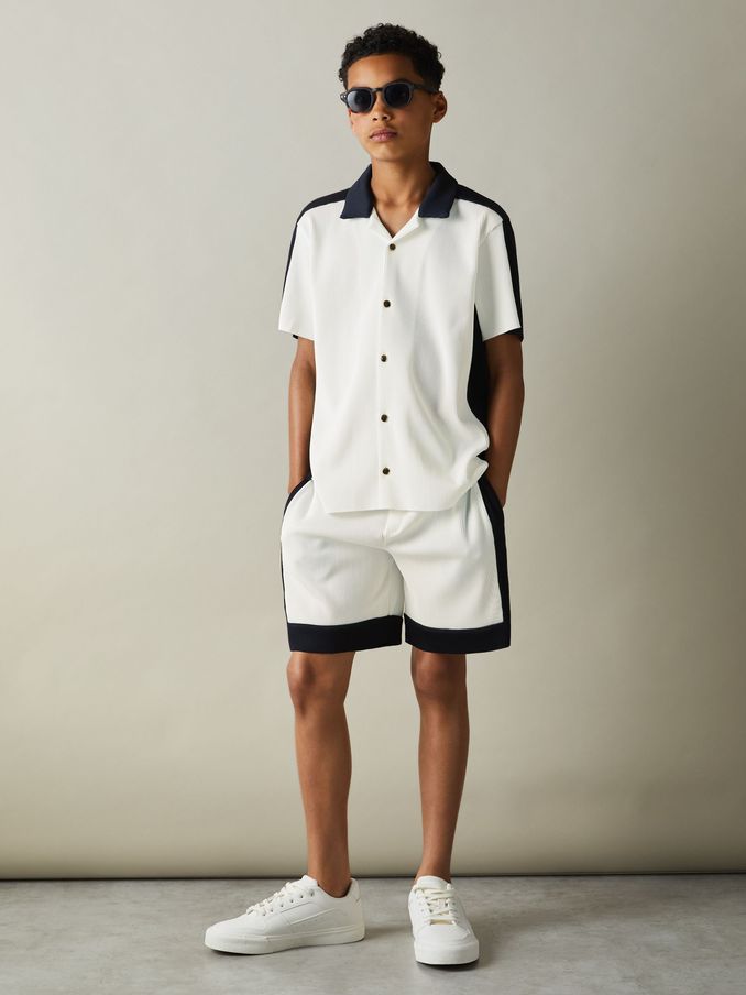 3-9 yrs Colourblock Plisse Cuban Collar Shirt in Optic White/Navy (E67150) | $33