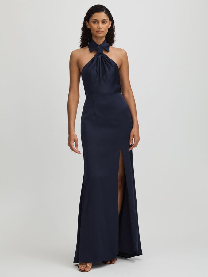 Gemi Navy Halston Satin Halter Neck Maxi Dress (E67151) | 1,592 SAR