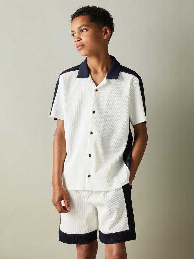 9-13 yrs Colourblock Plisse Cuban Collar Shirt in Optic White/Navy (E67153) | €29