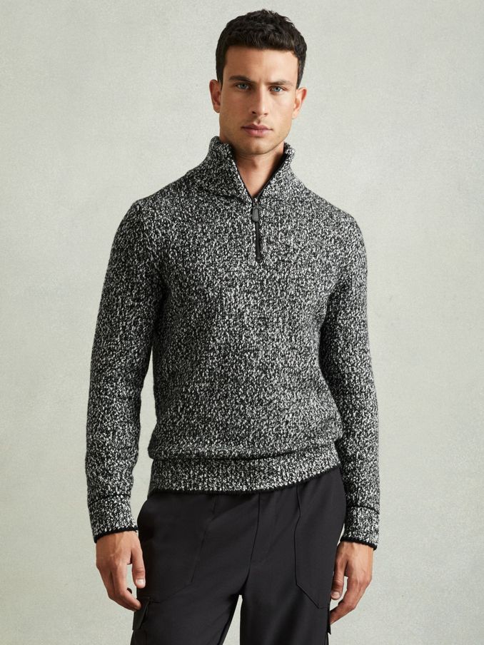 Marled Cotton and Wool Funnel-Neck Jumper in Black/White (E67158) | US$143
