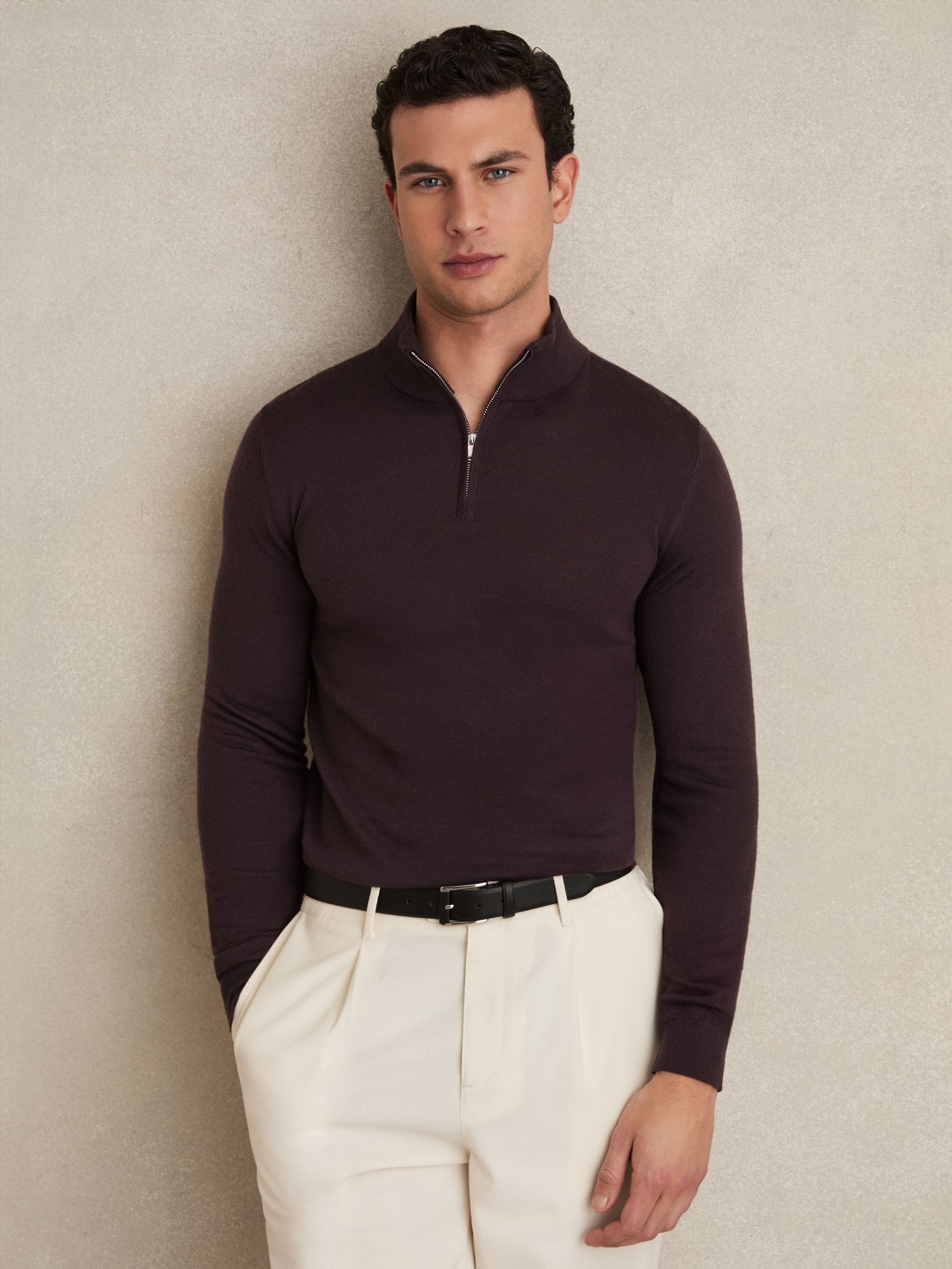 Merino Wool Half-Zip Funnel Neck Jumper in Dark Bordeaux (E67958) | €140