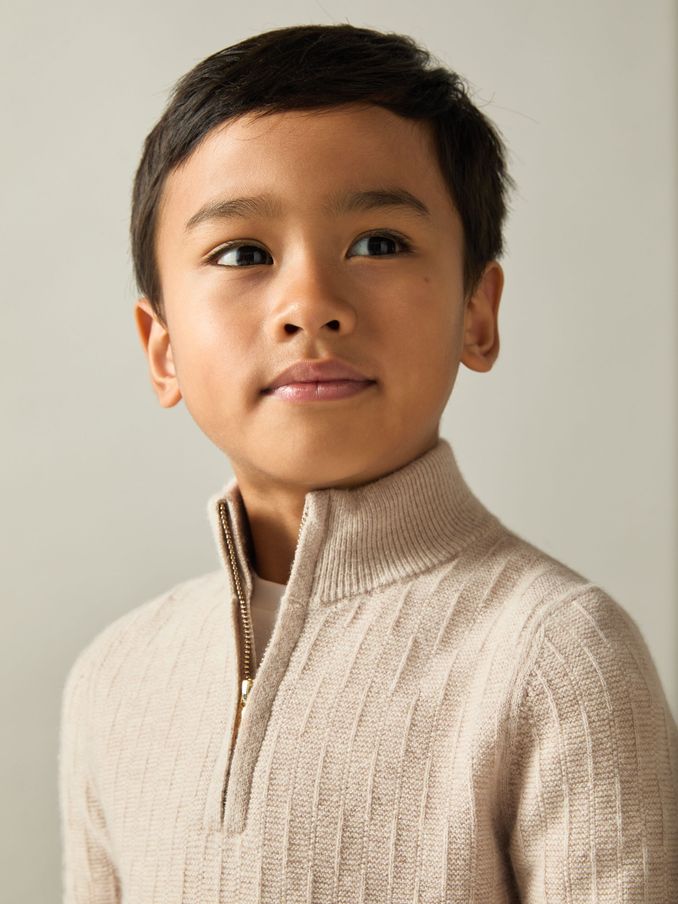 3-9 yrs Zipped Funnel-Neck Wool Jumper in Oatmeal (E67974) | US$31