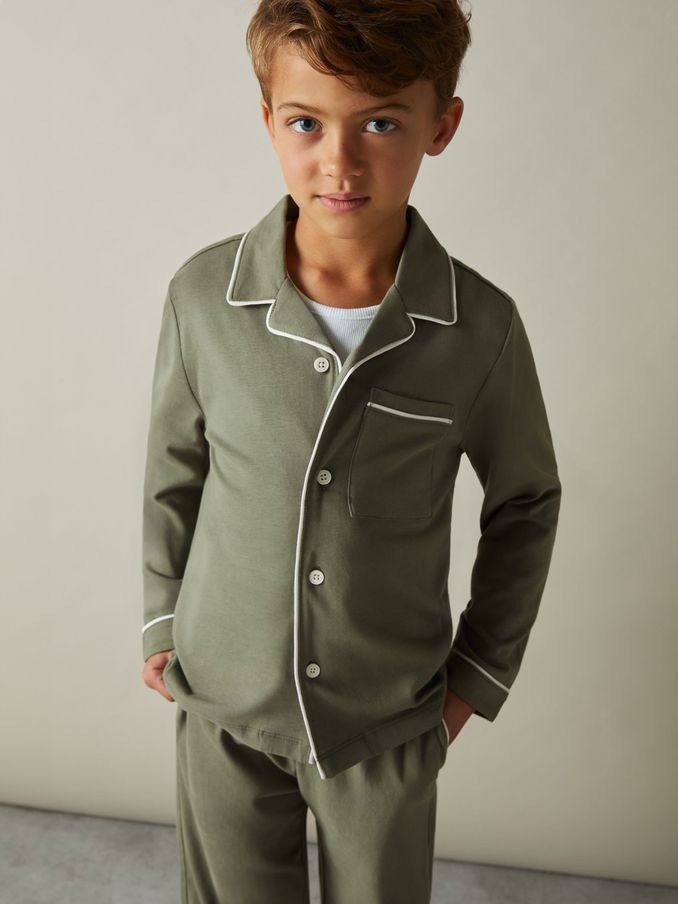 3-9 Jahre Pyjama-Set aus gebürsteter Baumwolle mit Paspelierung in Salbeigrün (E67975) | 20 €