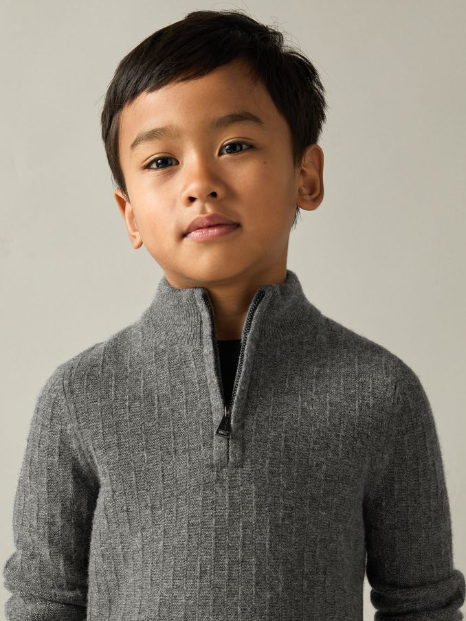 3-9 yrs Zipped Funnel-Neck Wool Jumper in Mid Grey Melange (E67979) | US$31