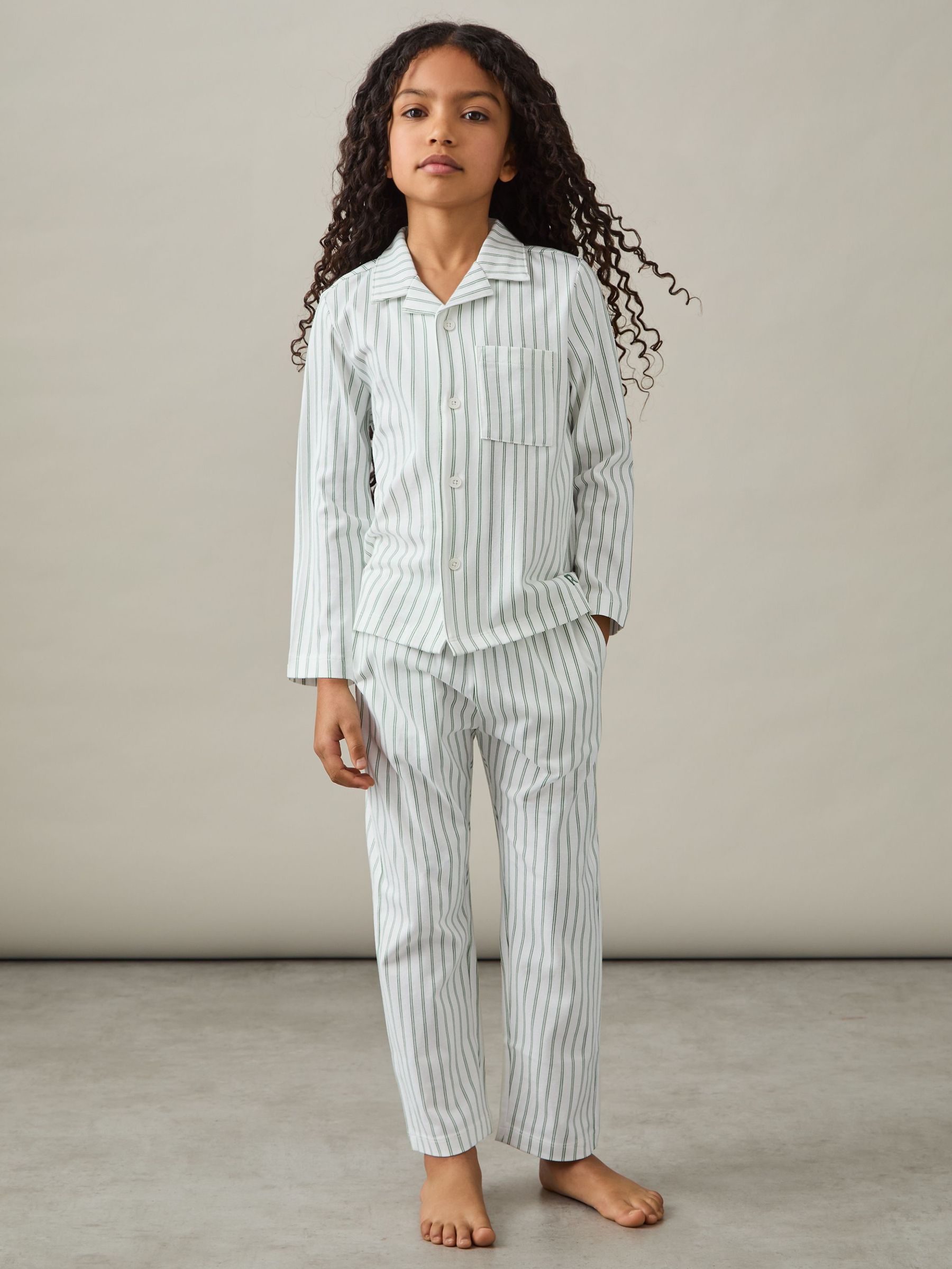 9-13 yrs Brushed-Cotton Striped Pyjama Set in Sage Green/White Stripe (E67983) | US$25