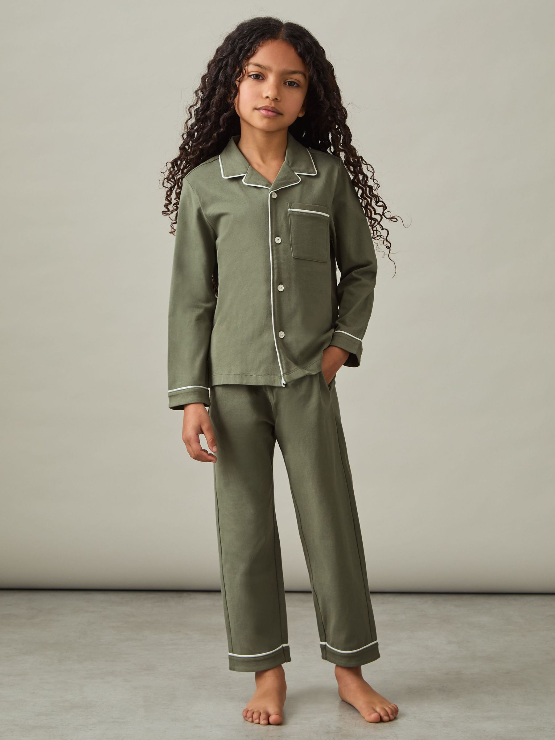 9-13 yrs Brushed-Cotton Piped-Trim Pyjamas Set in Sage Green (E67991) | US$24