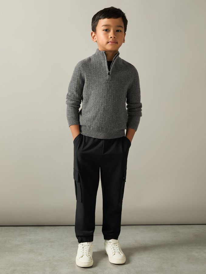 9-13 yrs Zipped Funnel-Neck Wool Jumper in Mid Grey Melange (E67992) | US$41