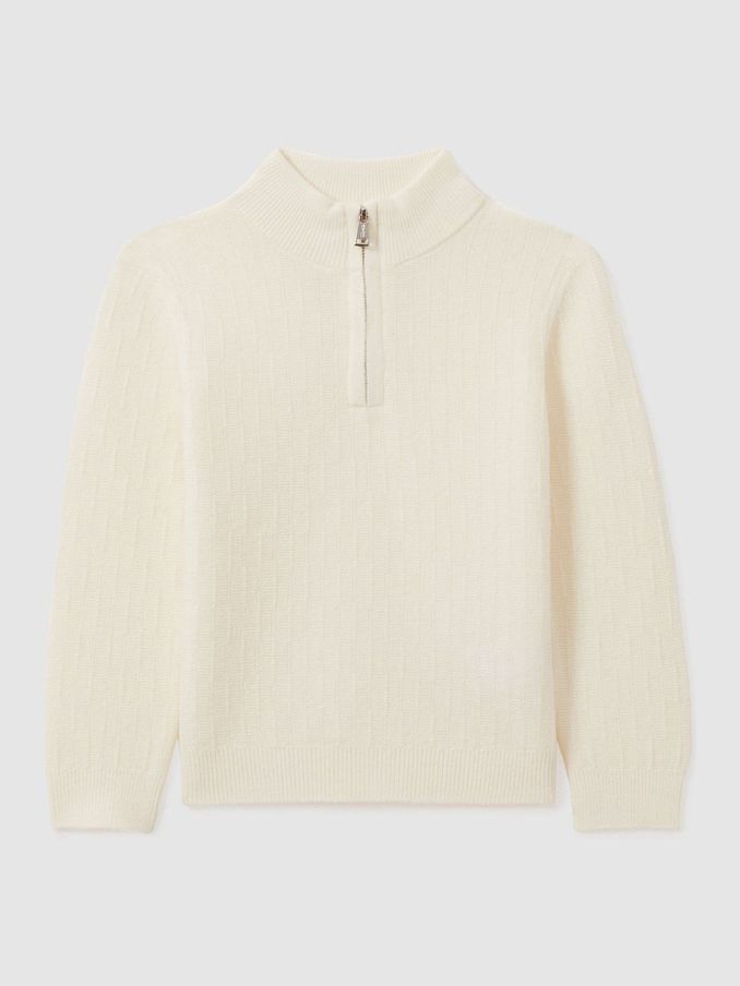 9-13 yrs Zipped Funnel-Neck Wool Jumper in Off White (E67995) | US$41