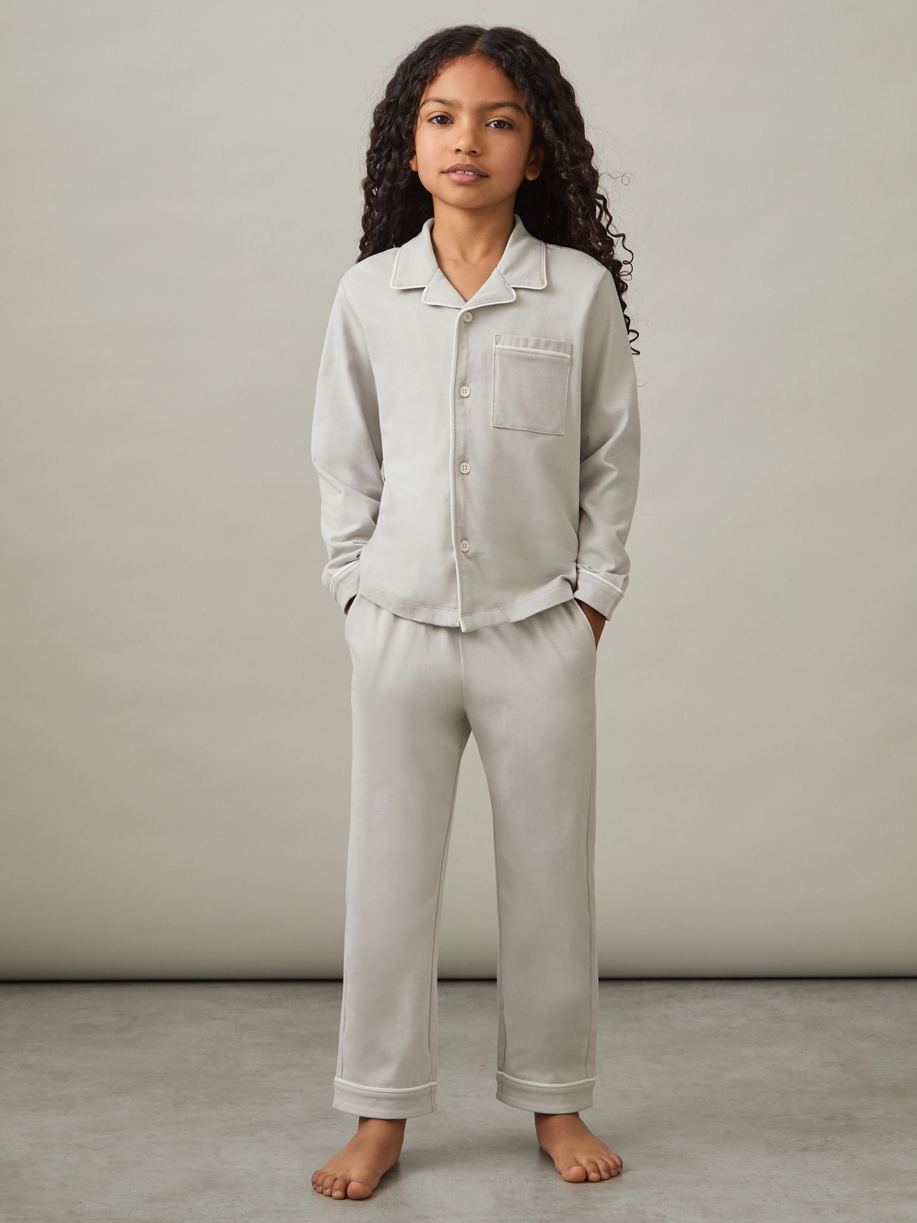 9-13 yrs Brushed-Cotton Piped-Trim Pyjamas Set in Soft Grey (E67996) | €21