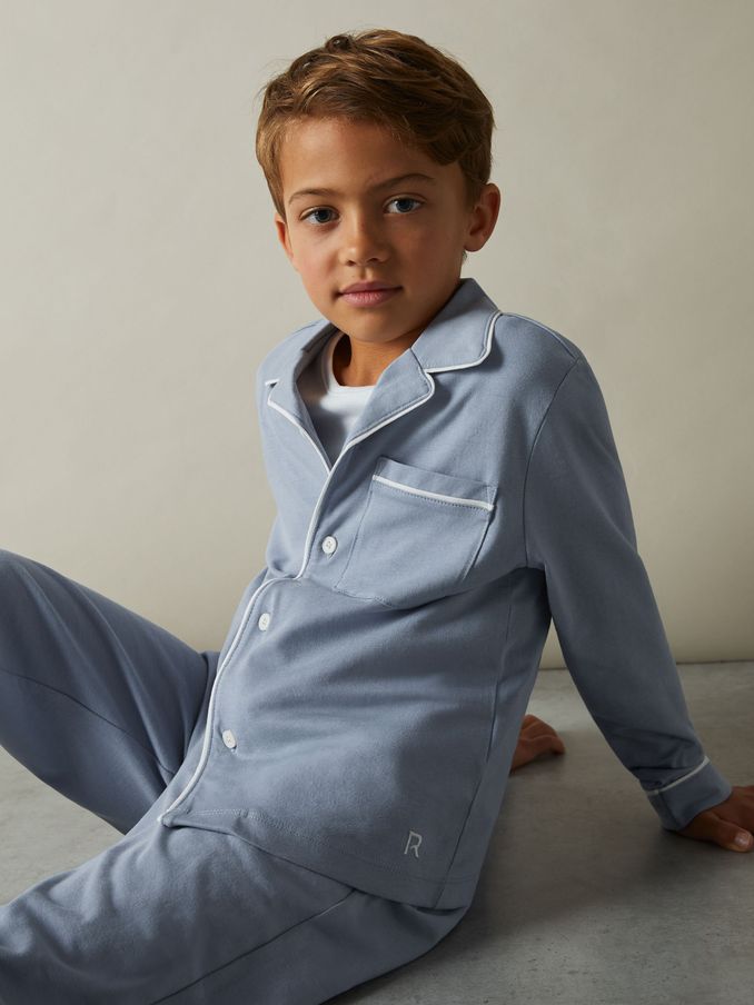 9-13 yrs Brushed-Cotton Piped-Trim Pyjama Set in Airforce Blue (E67997) | €40