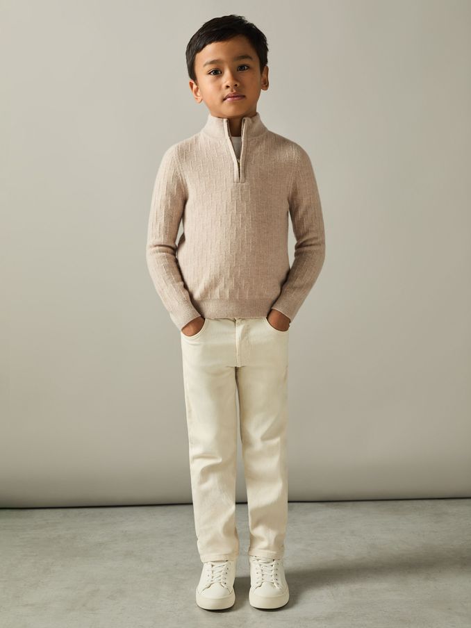 9-13 yrs Zipped Funnel-Neck Wool Jumper in Oatmeal (E68000) | US$41
