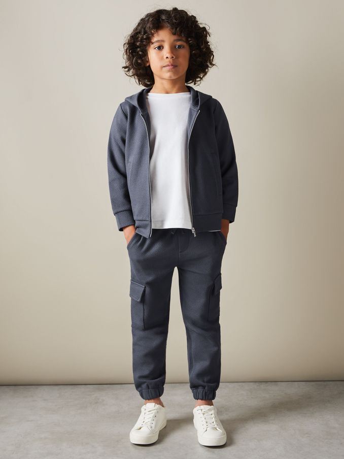 3-9 yrs Cotton Blend Textured Zip-Front Hoodie in Steel Blue (E68020) | US$23