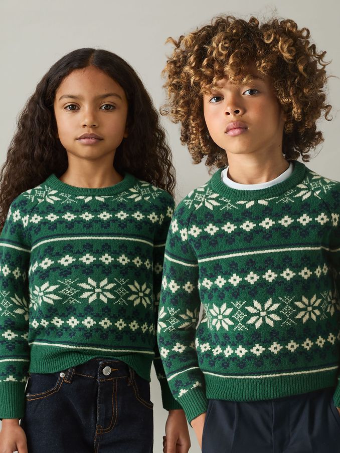 3-9 yrs Merino Jumper in Green/Blue/Ecru (E68022) | US$24