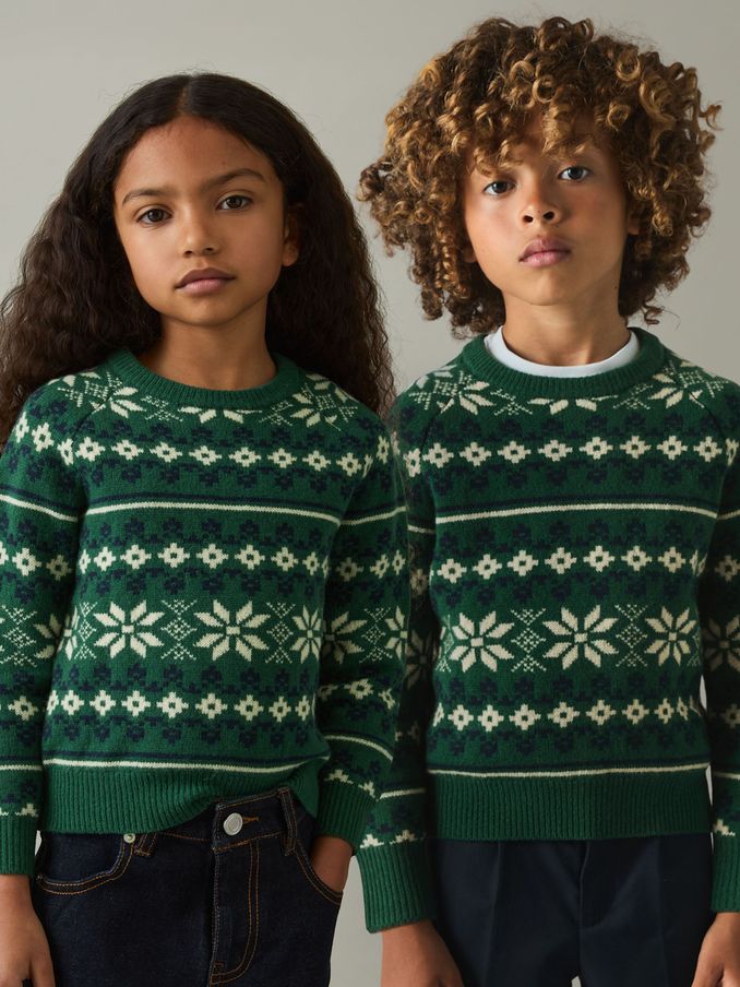 9-13 yrs Merino Jumper in Green/Blue/Ecru (E68028) | €29