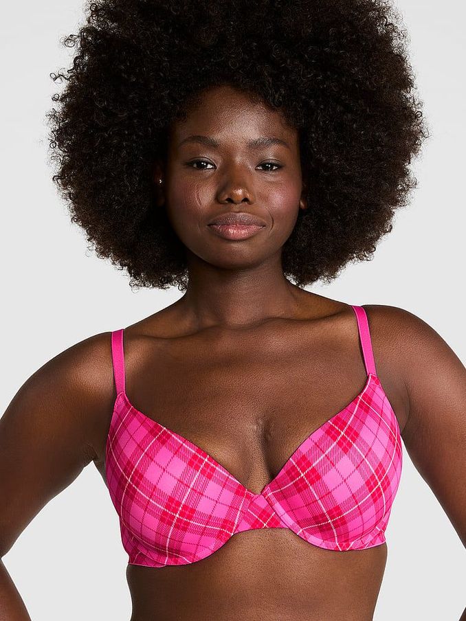 Pink Rose Plaid Push Up T-Shirt Bra (E68243) | €12