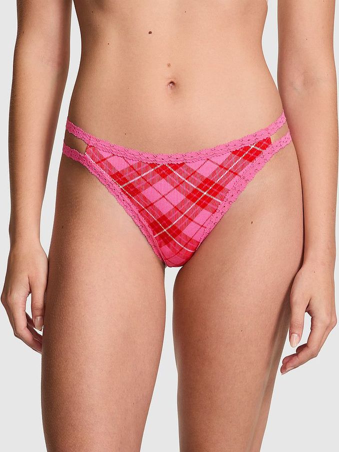 Pink Rose Plaid Lace Trim Rib Strappy Thong Knickers (E68563) | €4