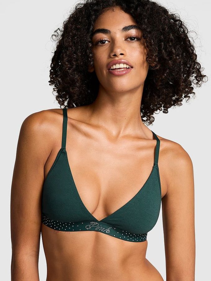 Deep Forest Green Diamante Cotton Logo Triangle Bralette (E68597) | €22
