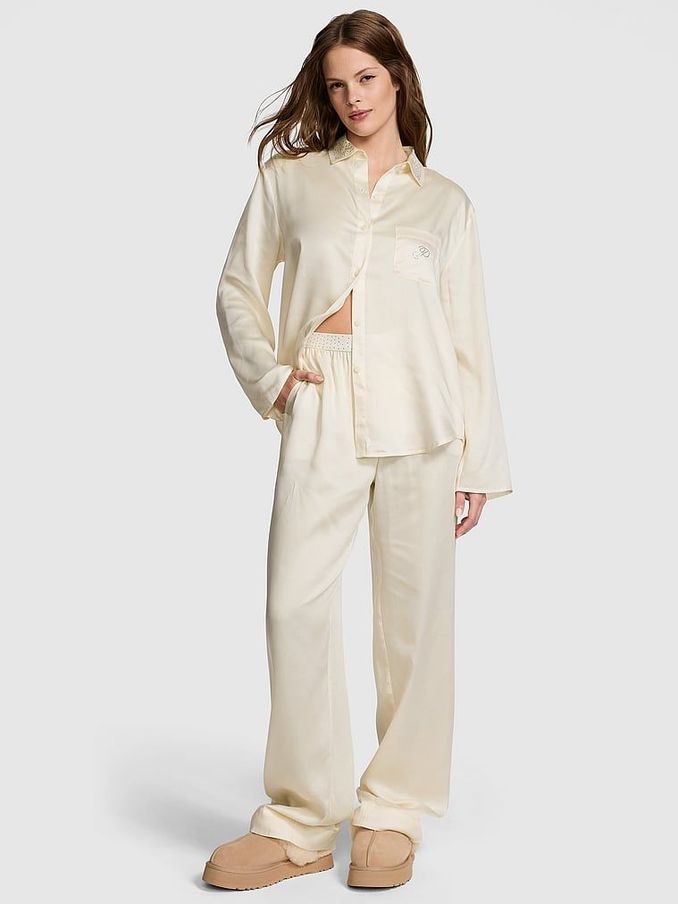 Creamer White Diamante Long Pyjama Set (E68601) | €68