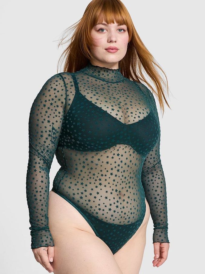Deep Forest Green Star Chaser Lace Mock Neck Bodysuit (E68884) | €40