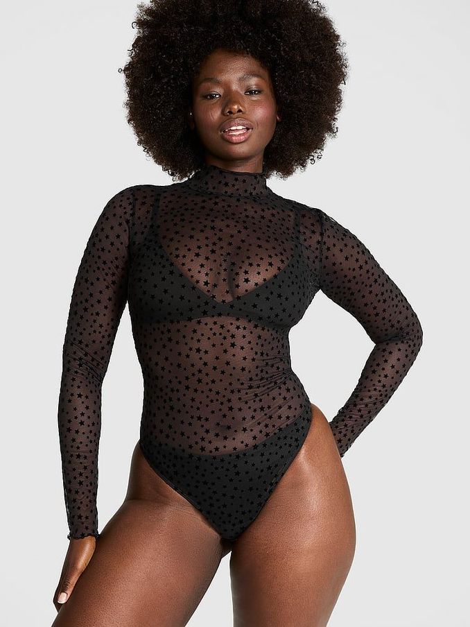 Black Star Chaser Lace Mock Neck Bodysuit (E68906) | €40