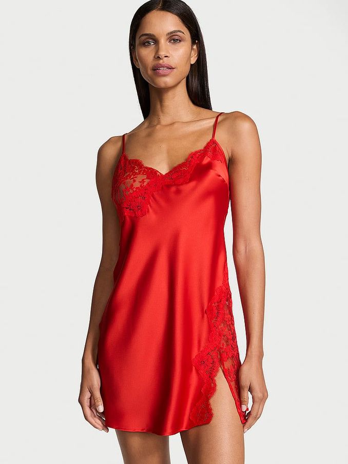 Vermillion Red Asymetrical Lace Satin Slip Dress (E68909) | €79