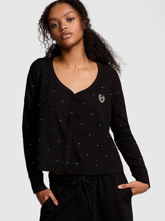 Black Diamante Thermal Cropped Cardigan Pyjama Top (E68959) | €15