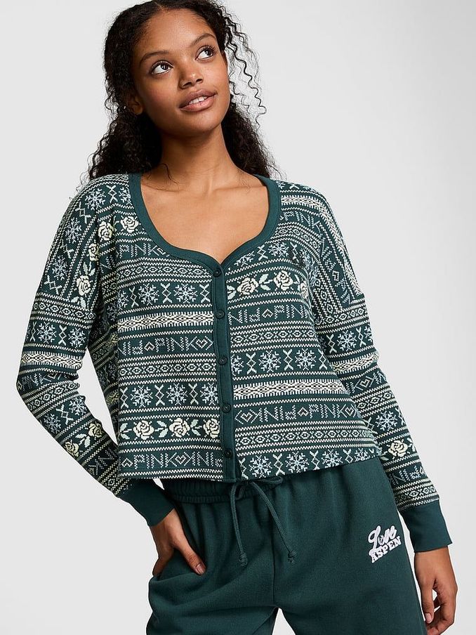Deep Forest Green Thermal Cropped Cardigan Pyjama Top (E68965) | €15