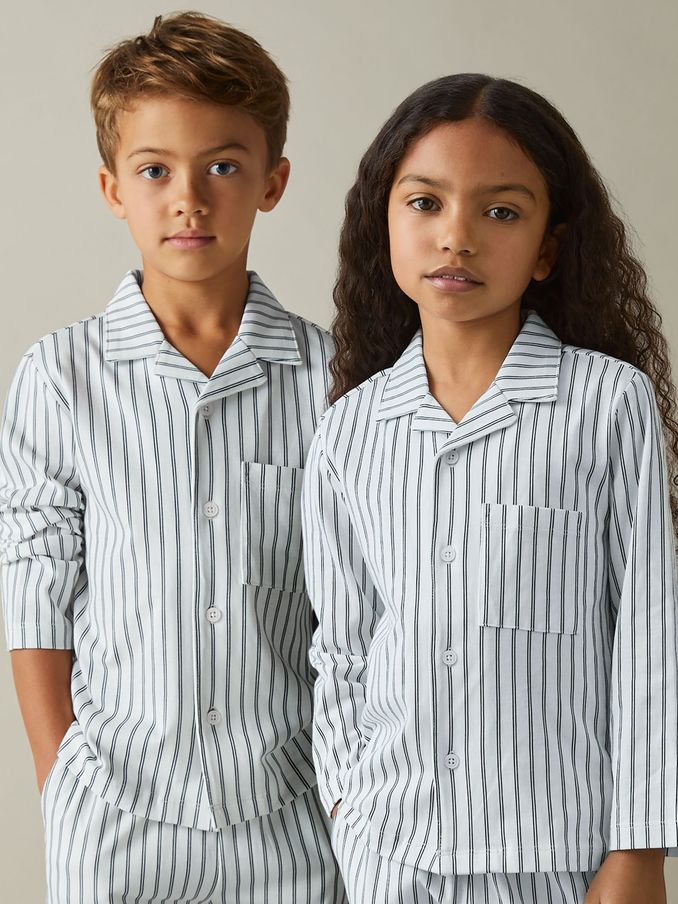 9-13 yrs Brushed-Cotton Striped Pyjama Set in Navy/White Stripe (E69277) | US$25