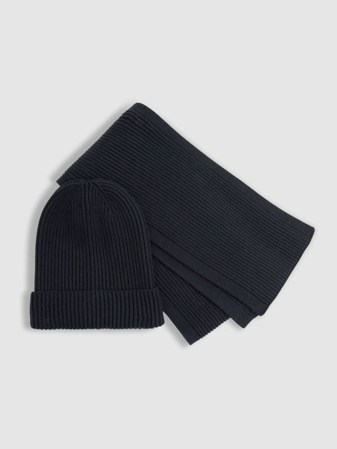Ribbed Hat and Scarf Set in Navy (E69279) | US$31