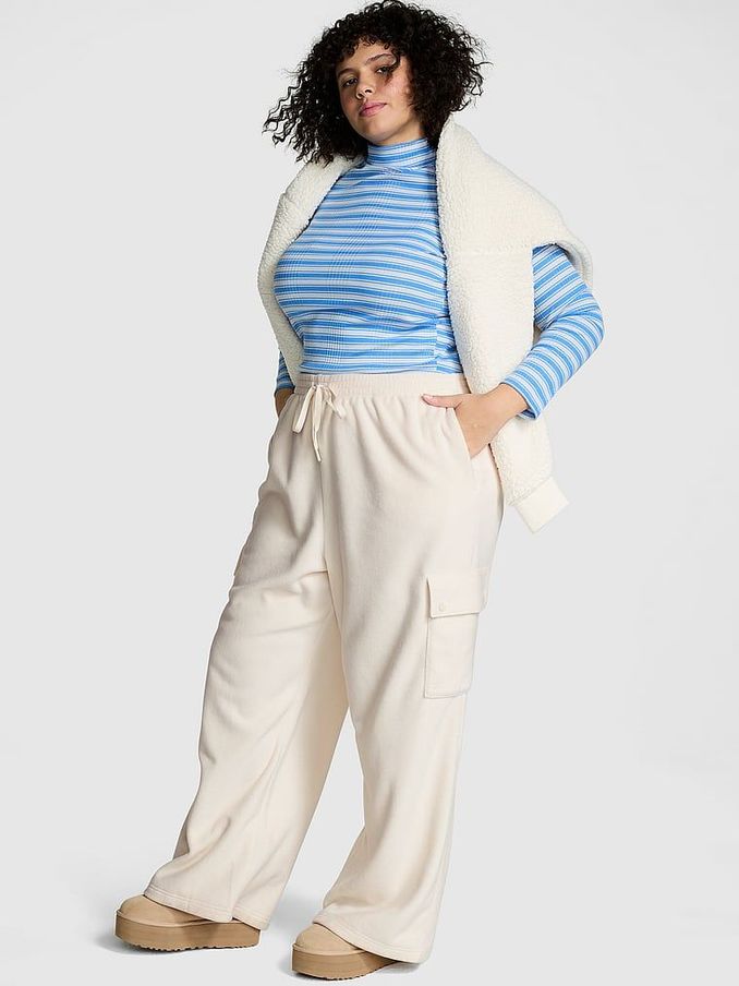 White Shell Fleece Wide Leg Cargo Joggers (E70355) | €52