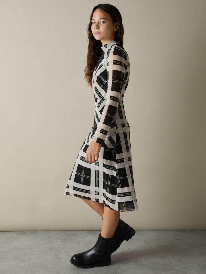 13-14 yrs Checked Tiered Midi Dress in Black/Ecru (E71003) | €42