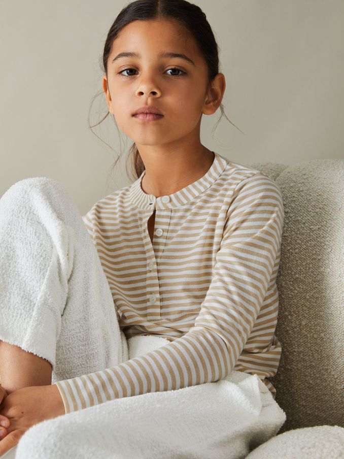 9-13 yrs Striped Grandad Collar Long-Sleeve Top in Oatmeal (E71552) | €22
