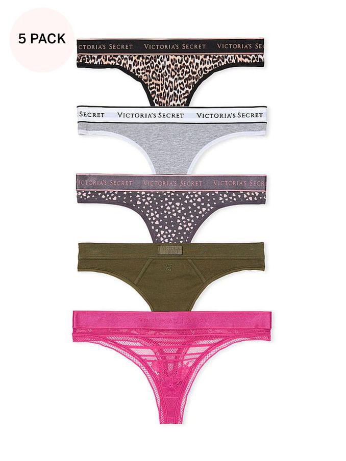 Leopard/Grey/Green/Pink Thong Logo 5 Pack Knickers (E71998) | €31