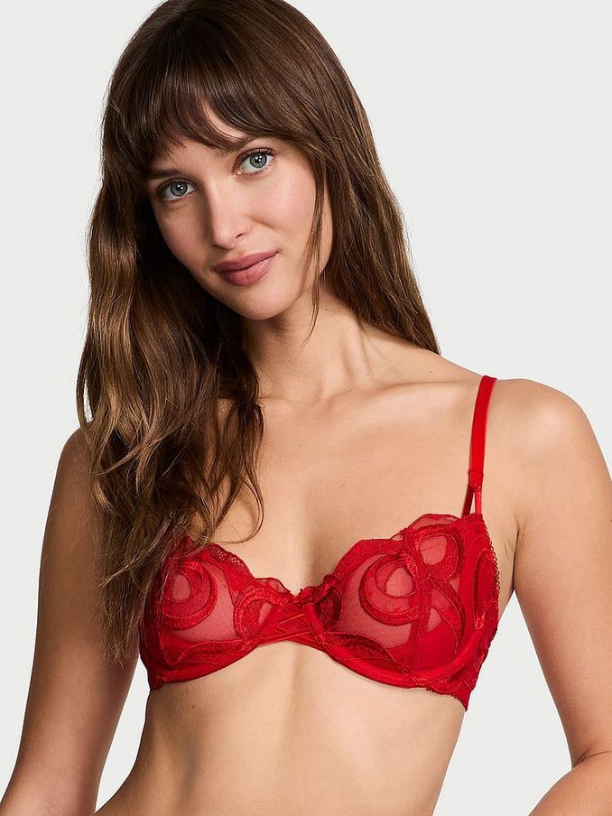 Vermillion Red Unlined Balcony Bow Embroidery Bra (E72030) | €25