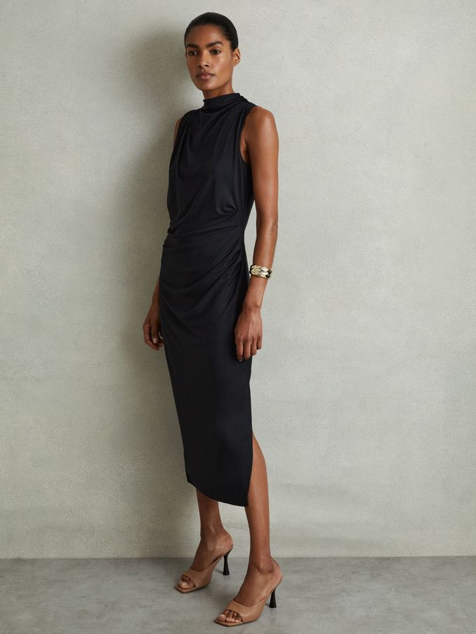 Modal Blend Ruched Midi Dress in Charcoal (E73434) | €84