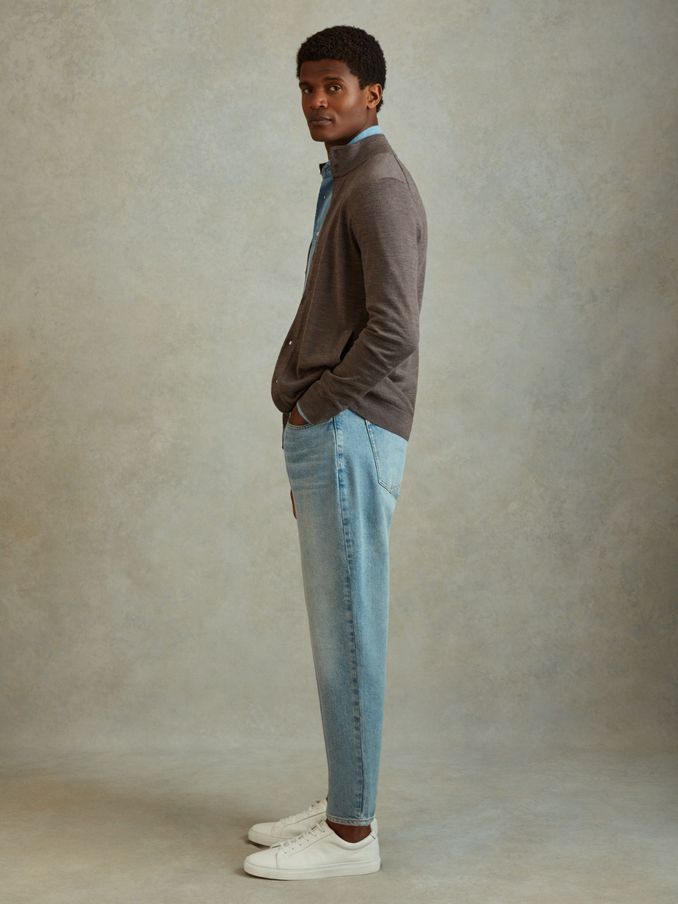 Merino Wool Button-Through Funnel Neck Cardigan in Dark Brown Melange (E73436) | €83