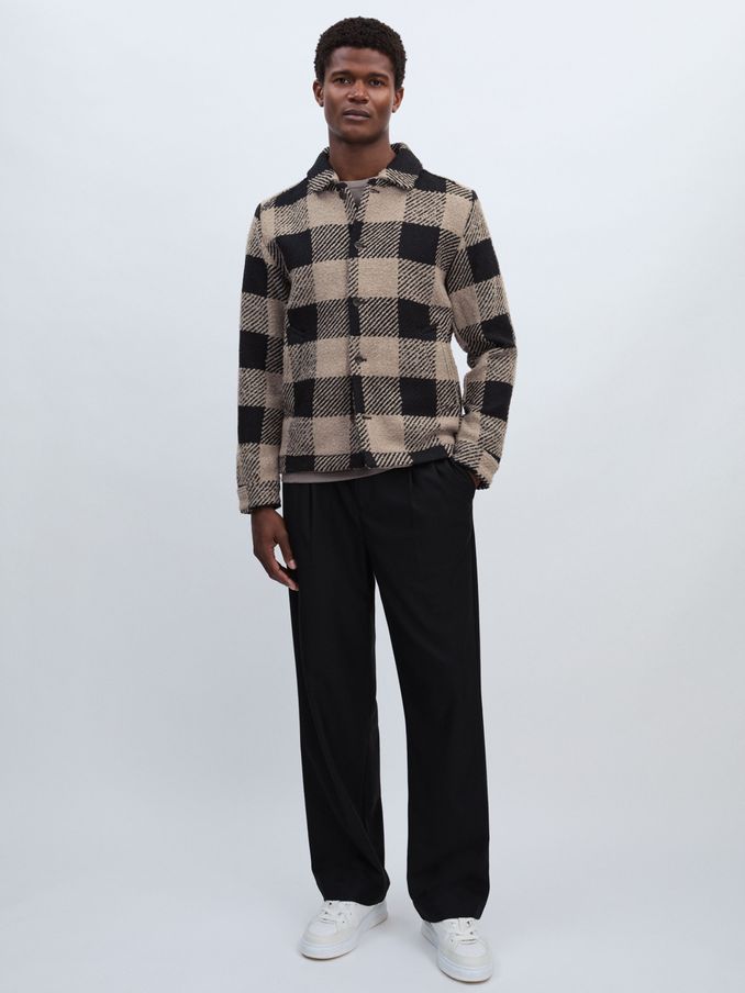 Les Deux Wool-Blend Check Bouclé Overshirt in Taupe/Black (E73457) | €142