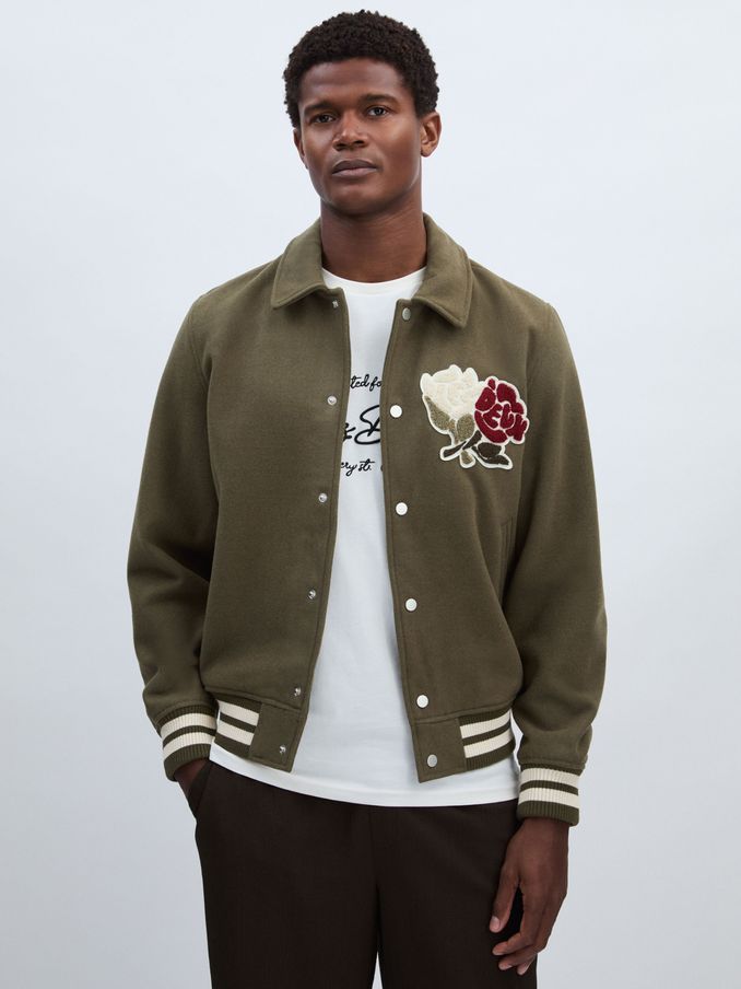 Les Deux Wool-Blend Varsity Jacket in Dark Olive (E73475) | US$240