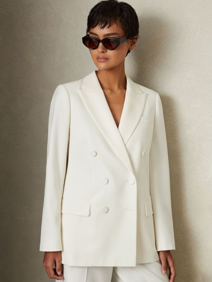 Wool Blend Double Breasted Tux Blazer in White (E74273) | €153