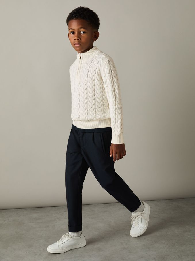 Senior Cabled Knitted Zip-Neck Jumper with Cotton and Wool in Off White (E74990) | US$33