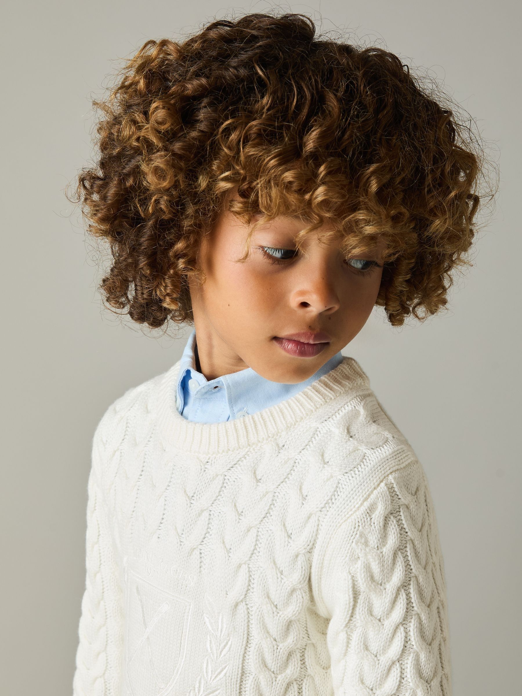 9-13 yrs Logo-Embroidered Cabled Jumper with Cotton and Wool in Off White (E74997) | $33
