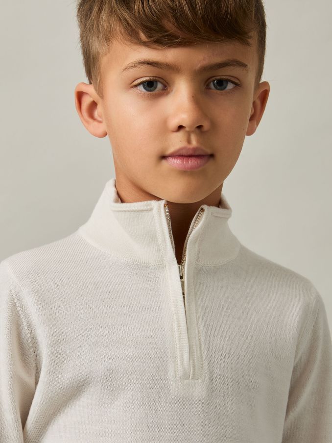 9-13 yrs Merino Wool Half-Zip Funnel Neck Jumper in Snow (E76633) | US$60