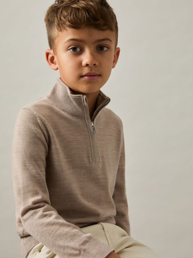9-13 yrs Merino Wool Half-Zip Funnel Neck Jumper in Wheat Melange (E76655) | US$60