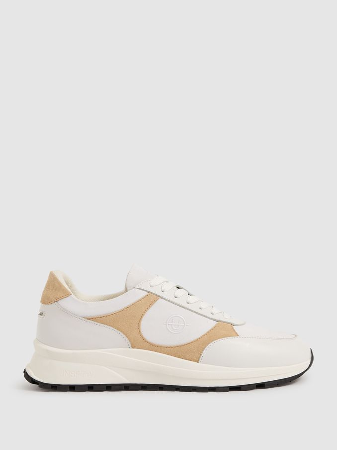 Unseen Suede Leather Colour-Block Trainers in White/Taupe (E77262) | US$148
