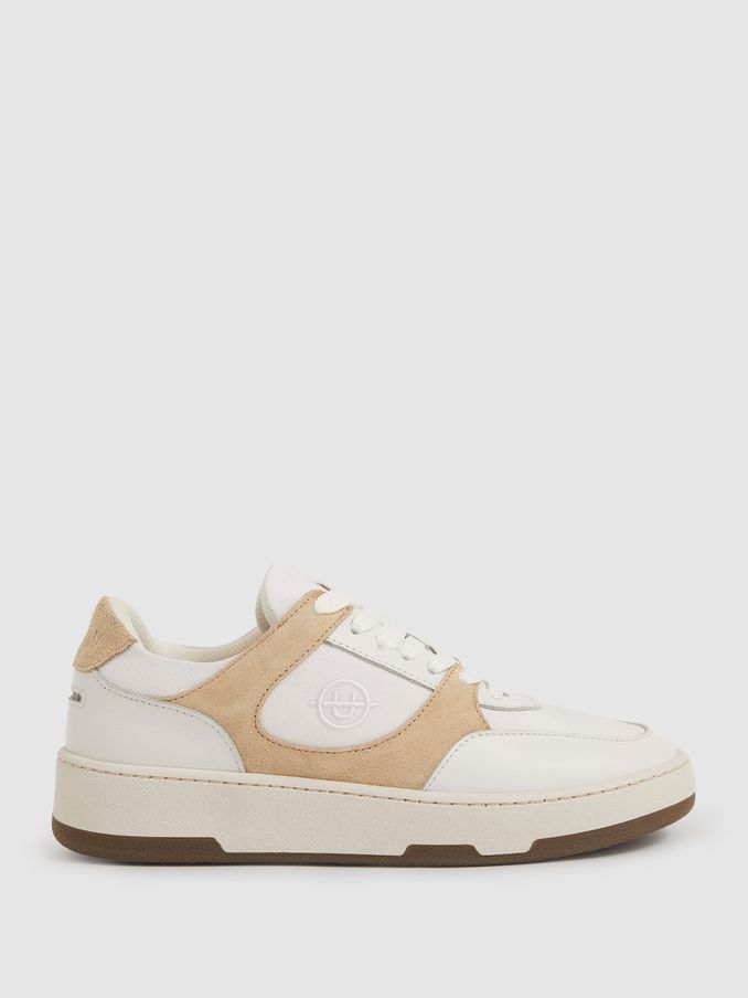 Unseen Leather Suede Panelled Trainers in White/Taupe (E77268) | US$89
