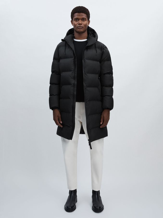 Rains Long Hooded Puffer Jacket in Black (E77281) | HK$3,207